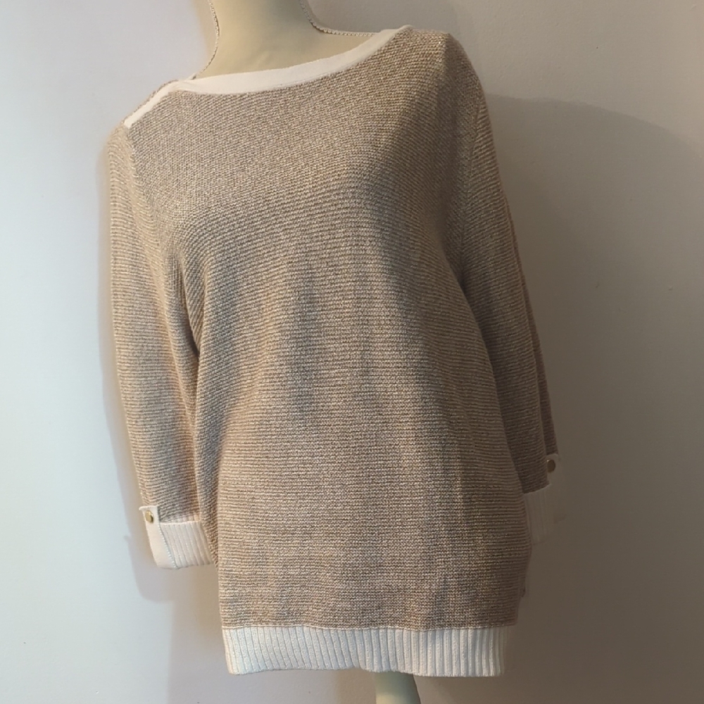 Karen Scott Beige and White Scoop Neck Sweater